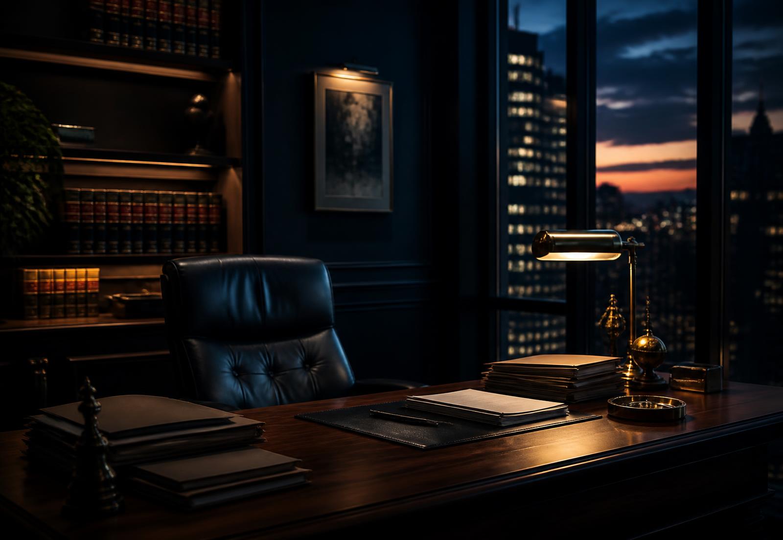 Attorney's desk at dusk with case files and a city skyline beyond the window